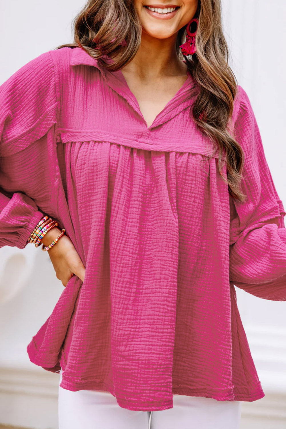 Rose Crinkle Collared V-Neck Bubble Sleeve Flowy Blouse