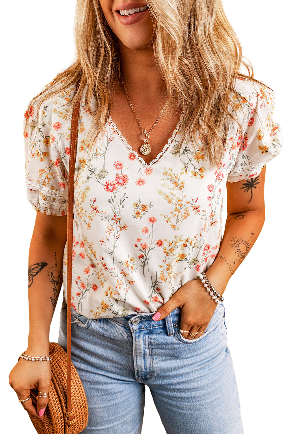 Blouse beige à manches  florale Boho-A WOMAN WE LOVE