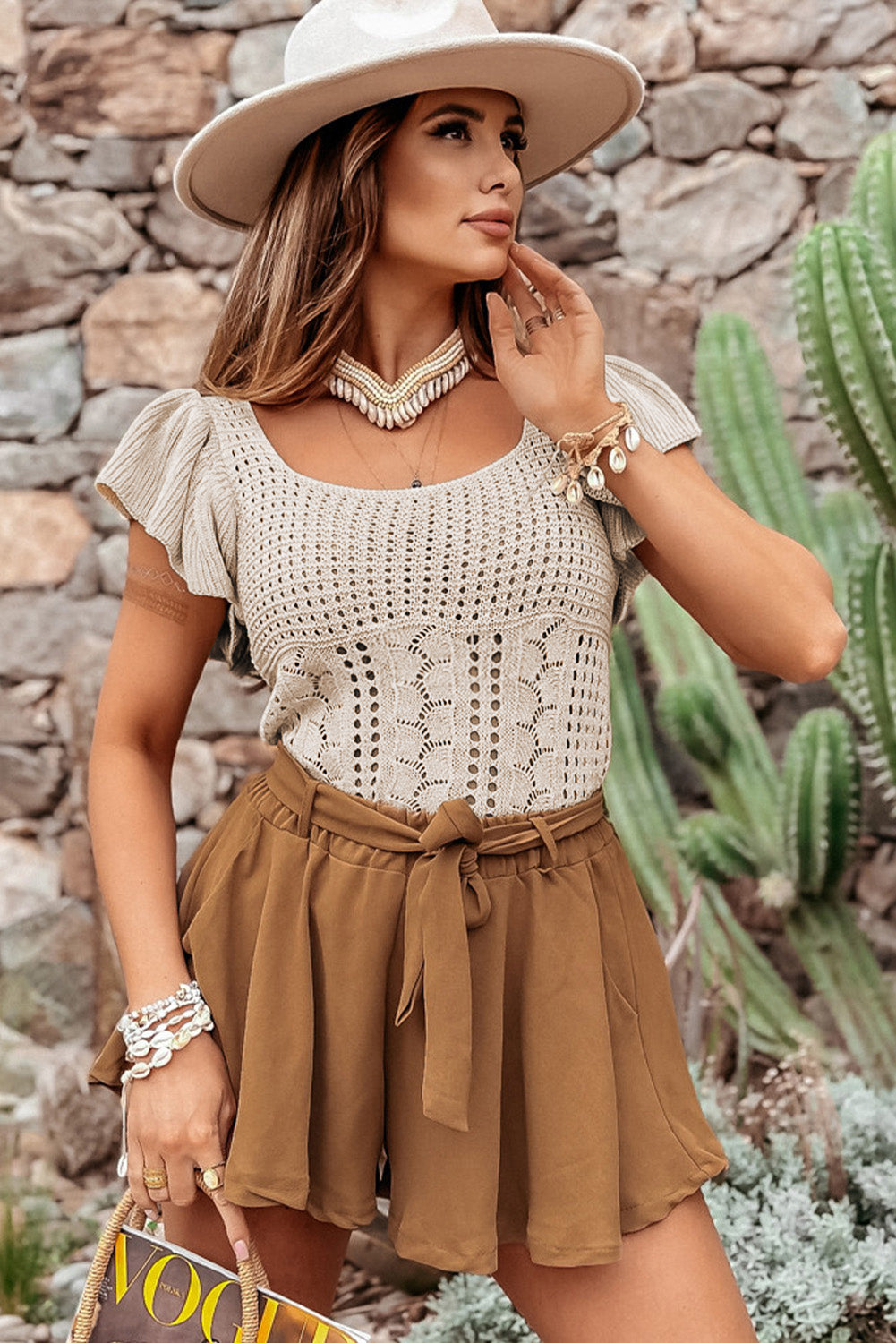 Beige sweater with floating sleeve in pointelle knitting