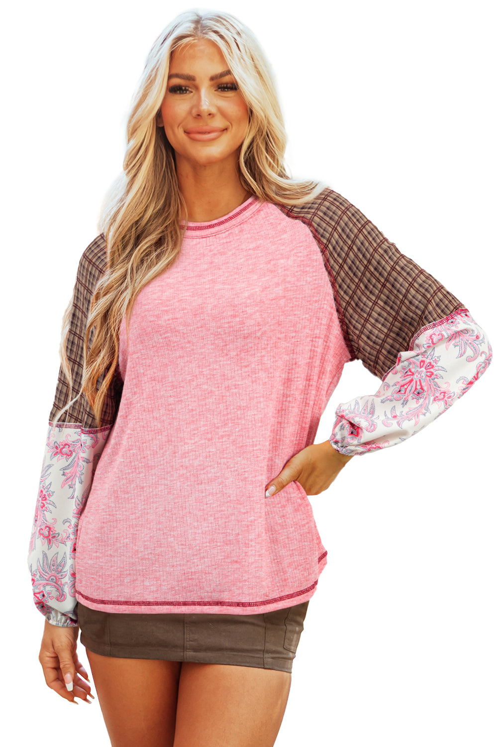 Fushia mocchia mista patchwork Raglan a costine in maglia