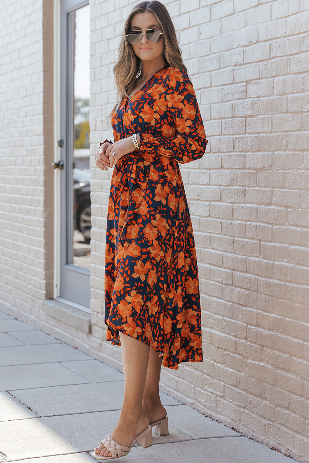 Robe en fausse enveloppe à imprimé floral orange