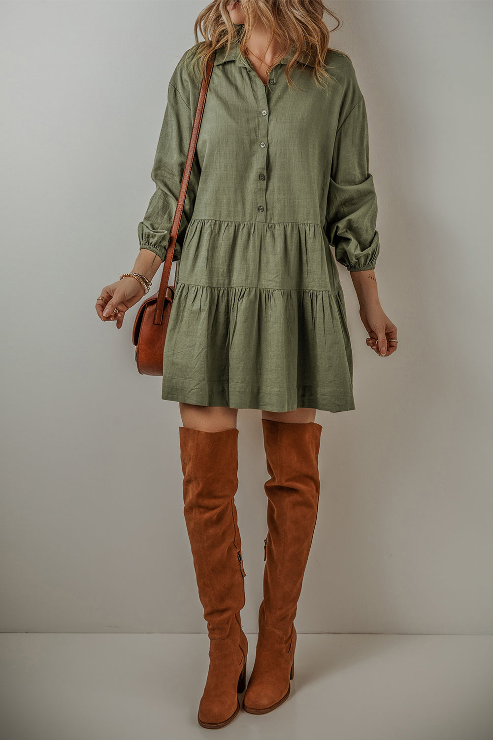 Jungle Green Puff manga abotonada camisa plisada mini vestido