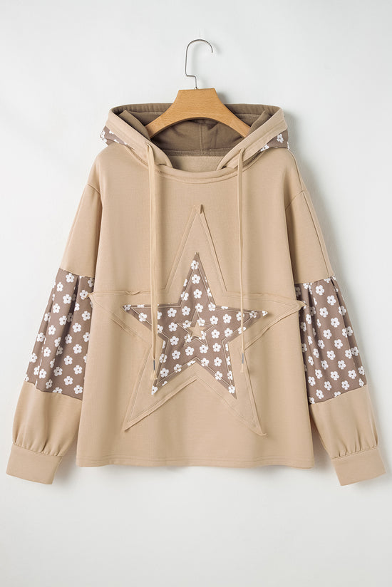 Apricot Floral Patchwork Star Print Drawstring Hoodie