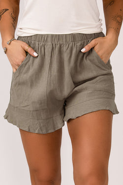 Khaki shorts with ruffles and high waist pockets