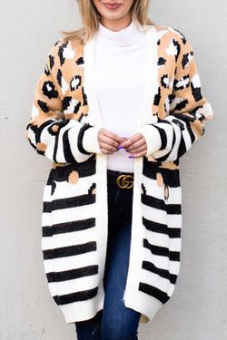 Brown open front cardigan with leopard stripes and mixed prints