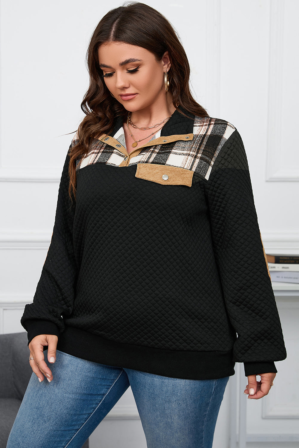 Black Plus Size Plaid Patch Quilted Henley Sweatshirt