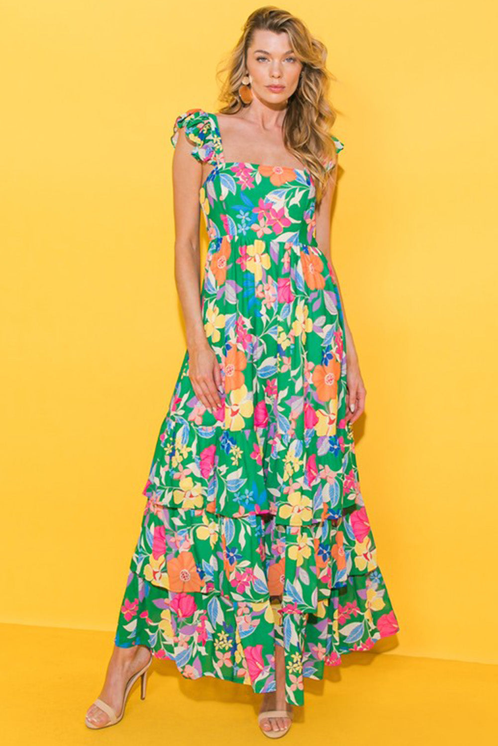 Green Floral Print Sleeveless Ruffled Maxi Dress