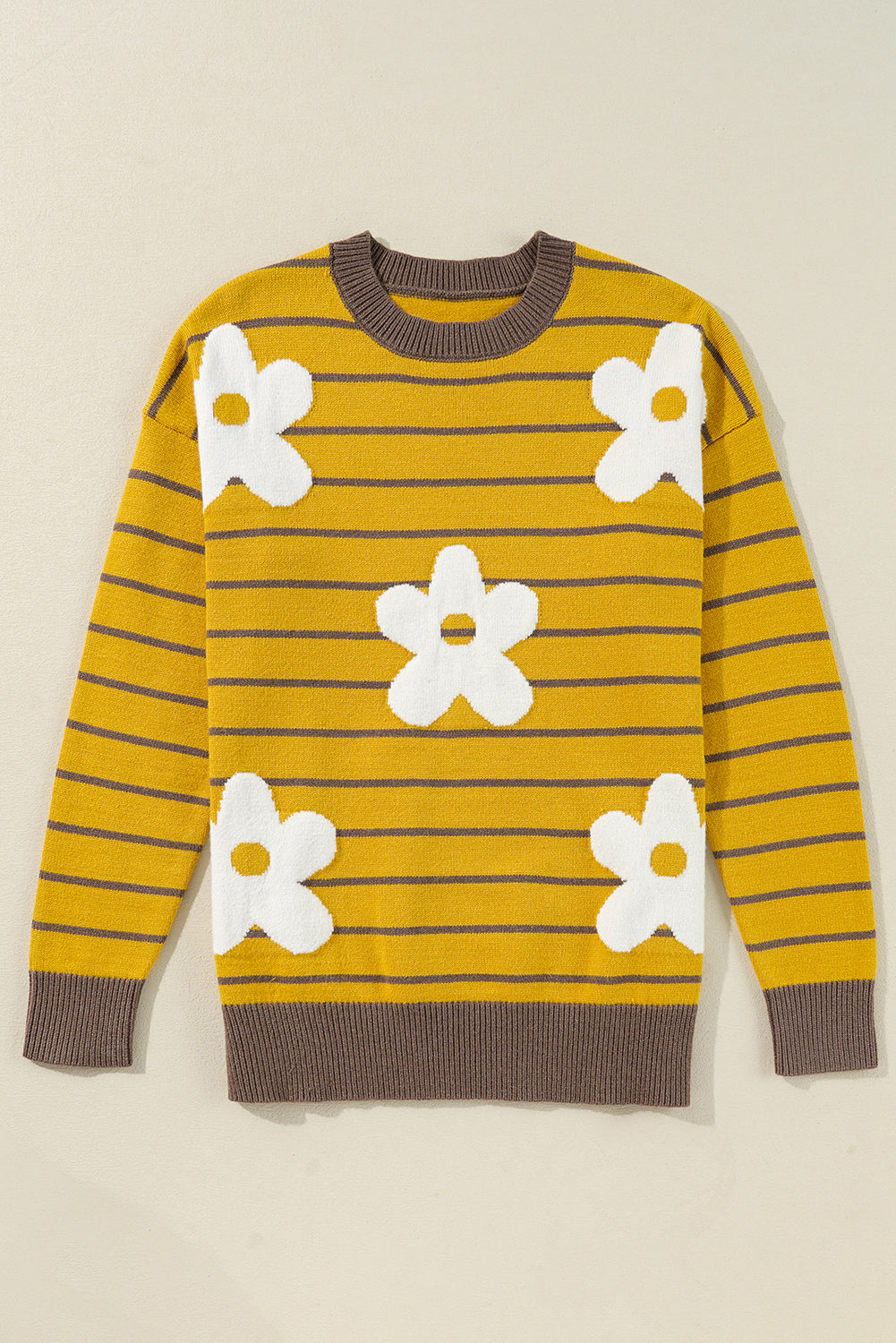 Pull col rond tricoté à fleurs et marguerites à rayures jaunes