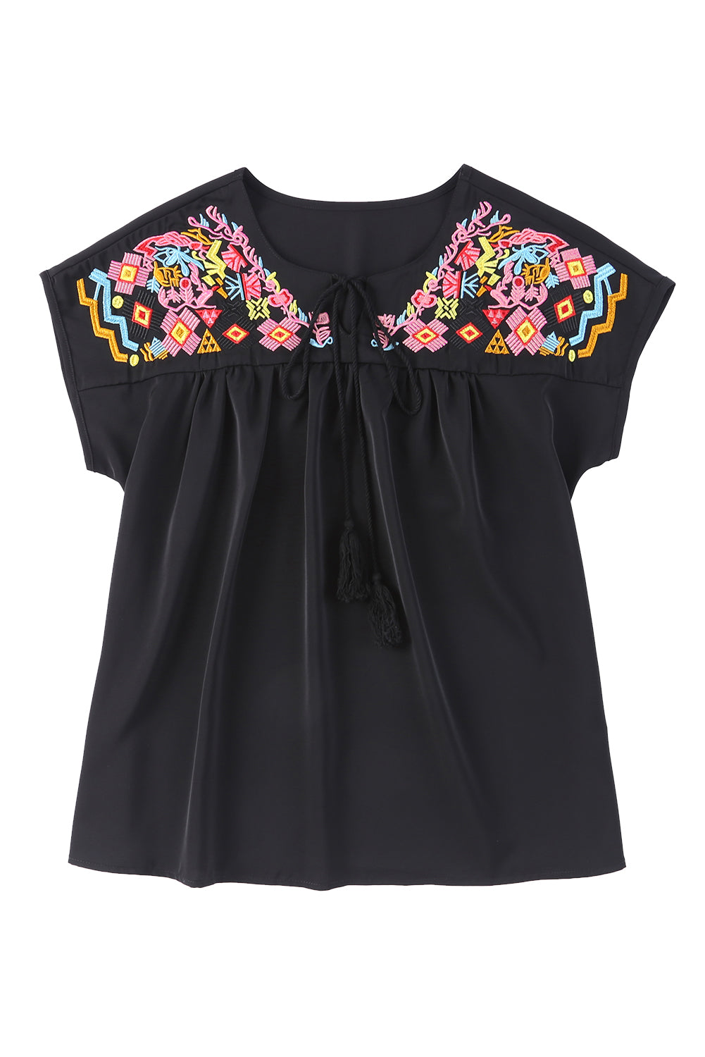 Blouse à manches courtes brodées géométriques noires