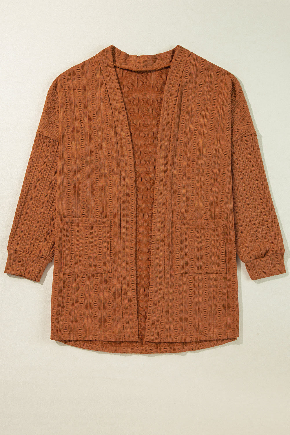 Chestnut Textured Knit Open Front Cardigan with Side Pockets