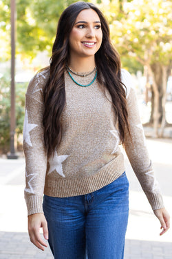 Khaki sweater with drooping shoulders and star pattern