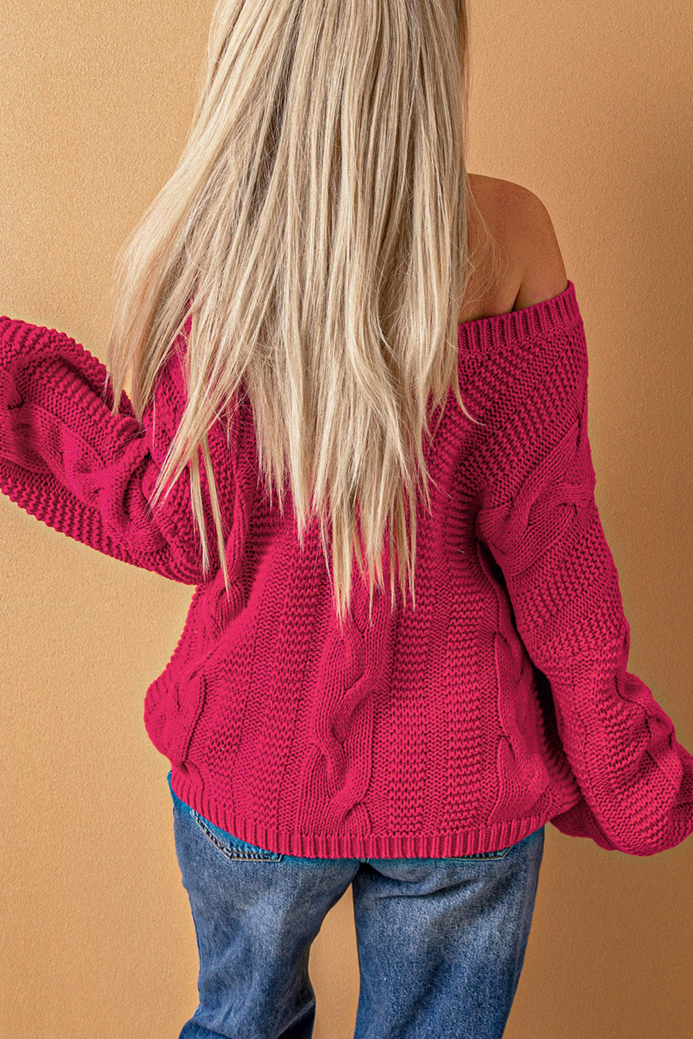 Bubblegum Pink V-Neck Braided Knit Sweater