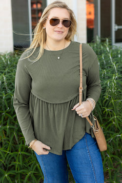 Mist Green Plus Size Knitted Thermal Babydoll Flare Top