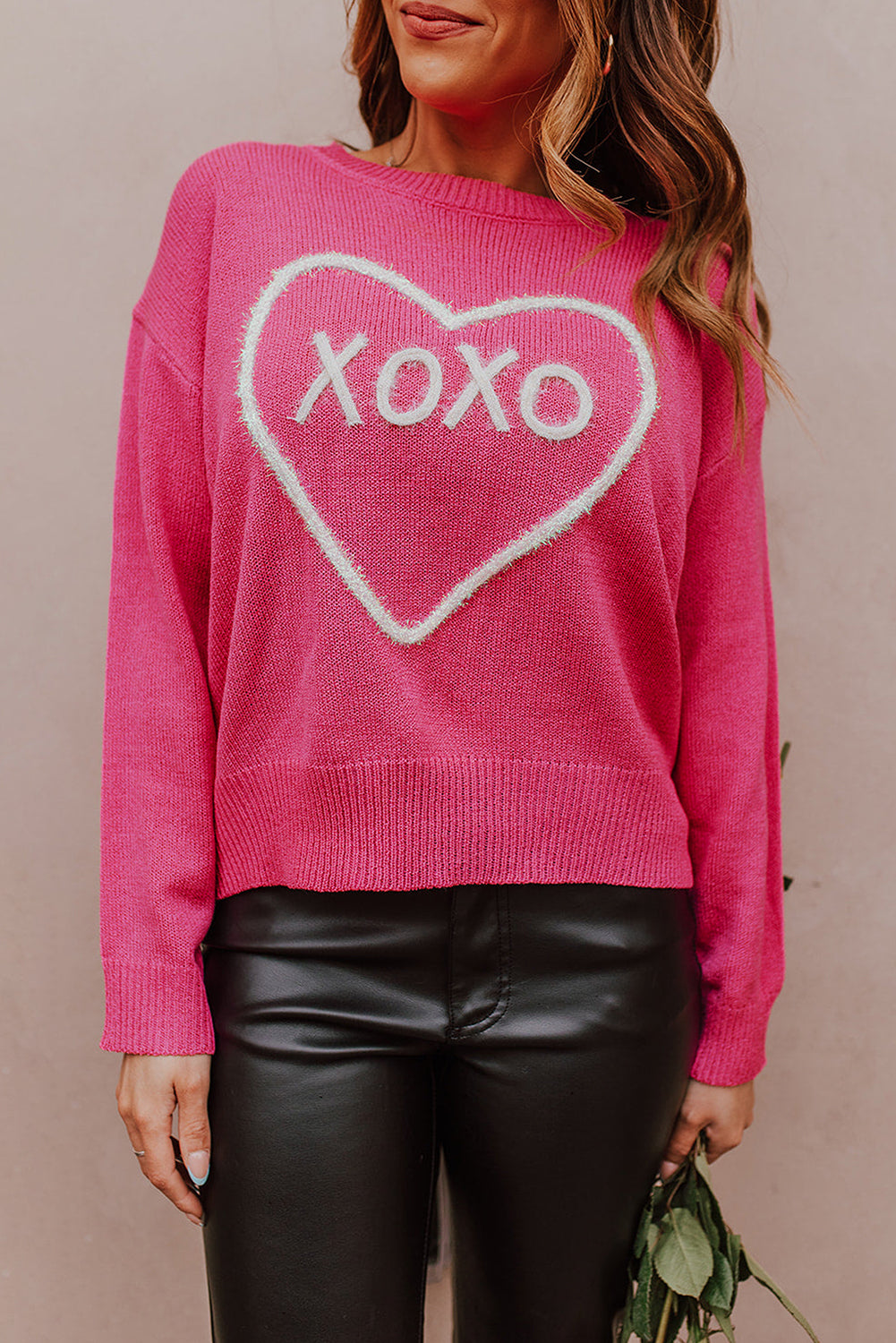 Rose Herz Xoxo Muster Drop Schulterrippenstrickpullover