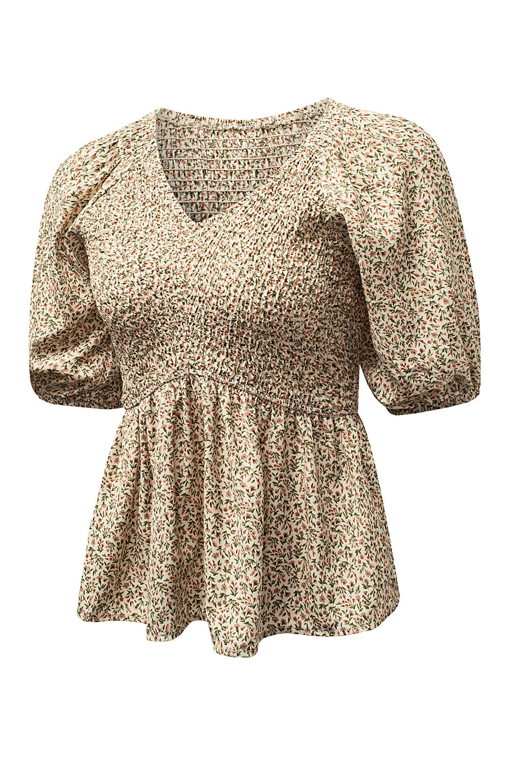 Floral Print Puff Sleeve Smocked Top