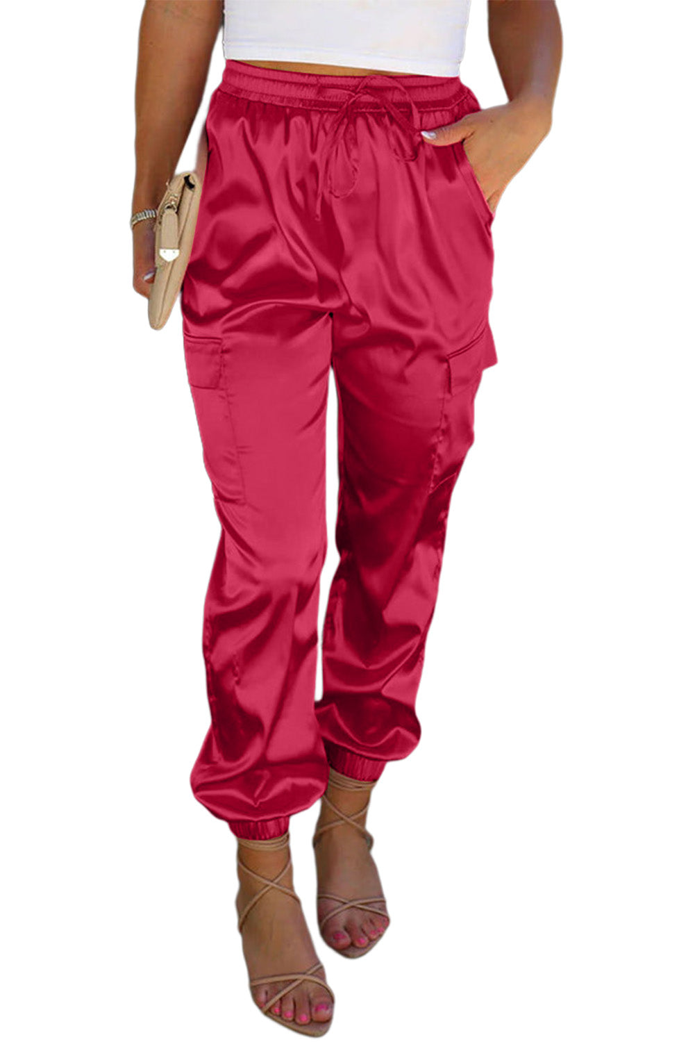 Pantalon taille élastique avec cordon de serrage et poches en satin rose