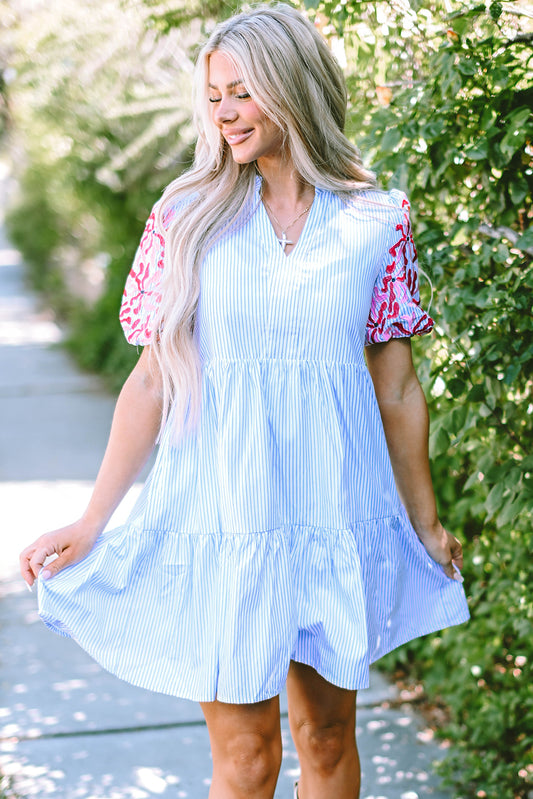 Sky Blue Contrast Floral Striped Tiered Ruffle Dress with Puff Sleeves