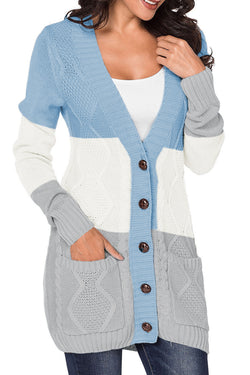 Blue cardigan with front pocket and button closure