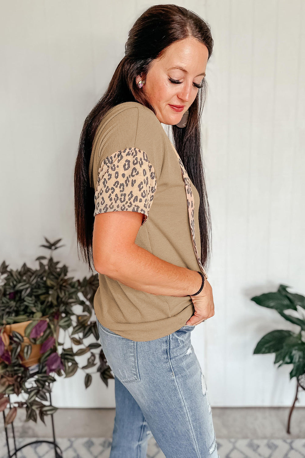 Khaki Leopard Patchwork Draw String Kapuze T -Shirt