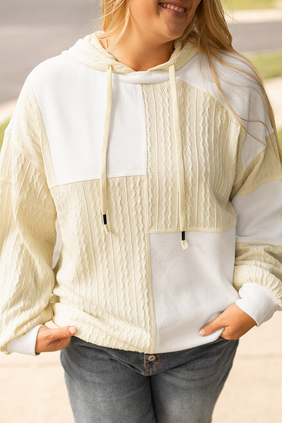 Plus Size Beige Textured Patchwork Stitched Hoodie