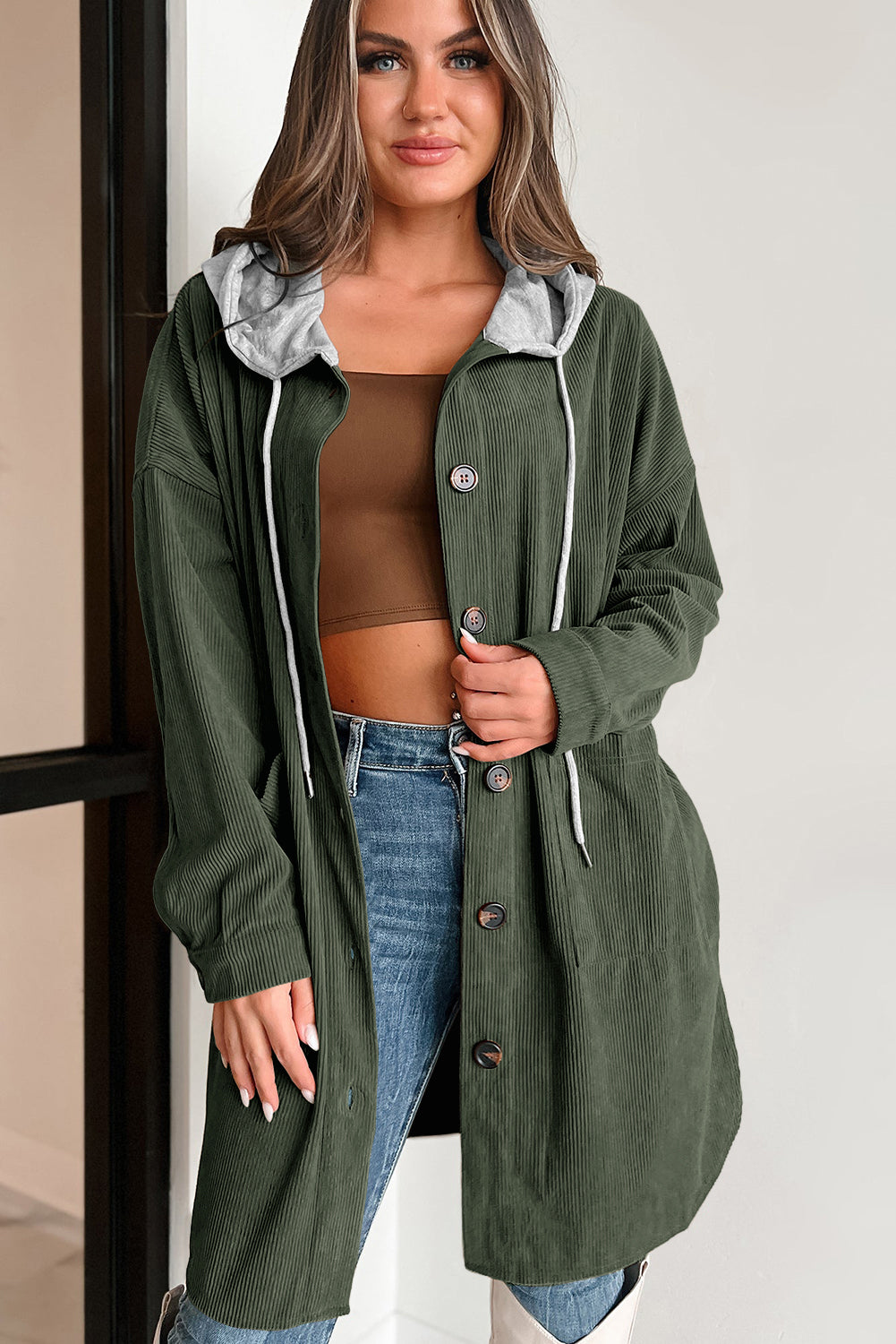 Surprised hooded jacket in ribbed velvet contrast jungle