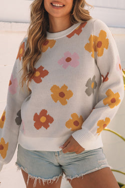 Sweet Flower White Ribbed Hem Knit Sweater