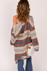 Cardigan en tricot évidé à rayures bleues et blocs de couleurs-A WOMAN WE LOVE