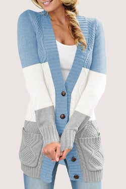 Blue cardigan with front pocket and button closure