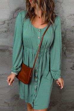 Green long sleeve high waist buttoned dress