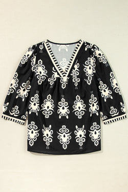 Black blouse with vintage geometric print *