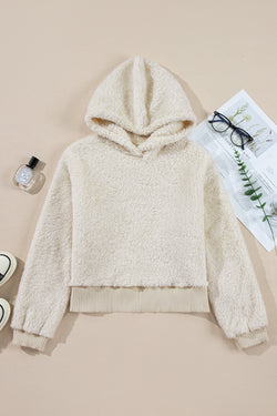 White teddy hoodie with contrasting ribbed edges