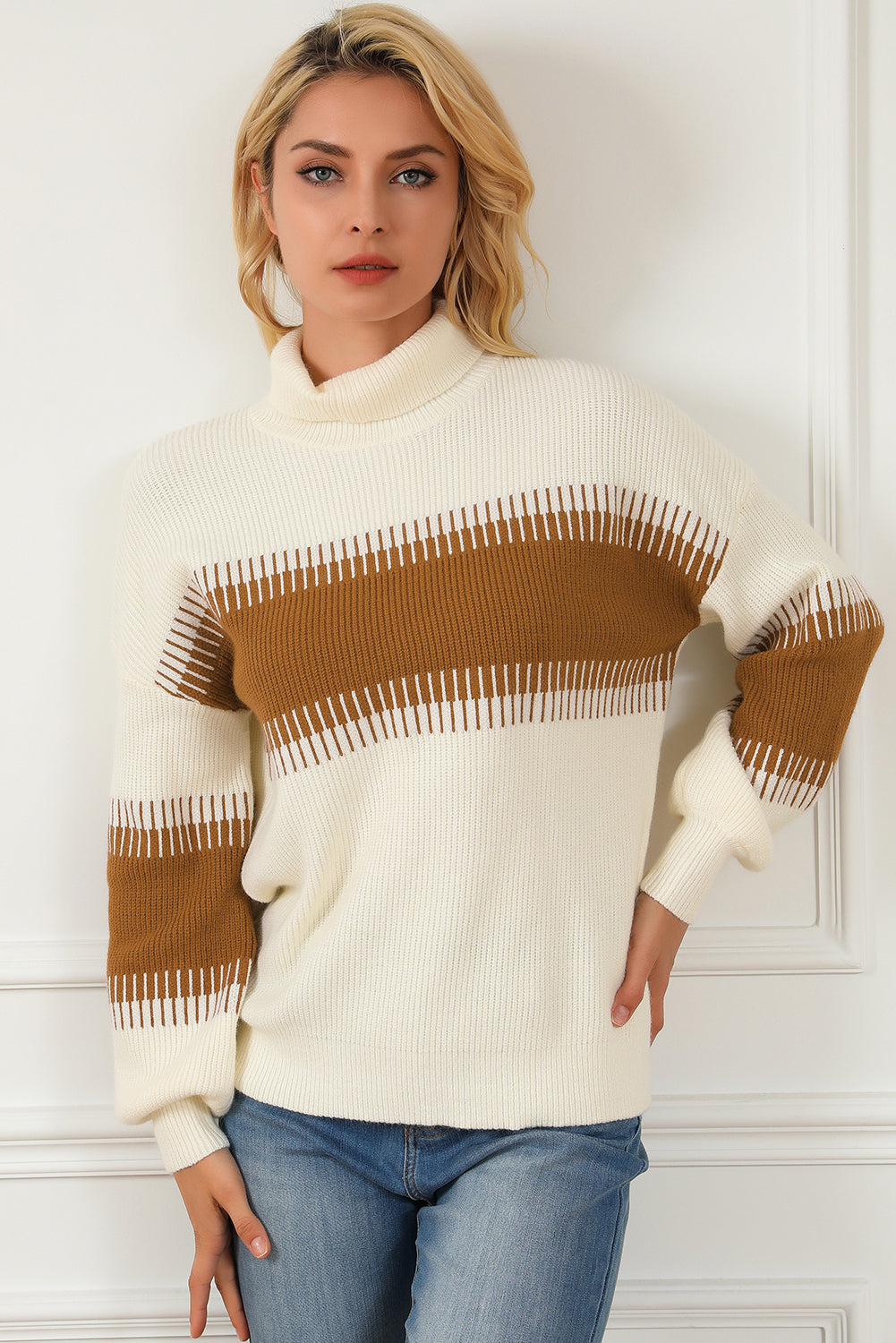 White printed patchwork turtleneck knitted sweater