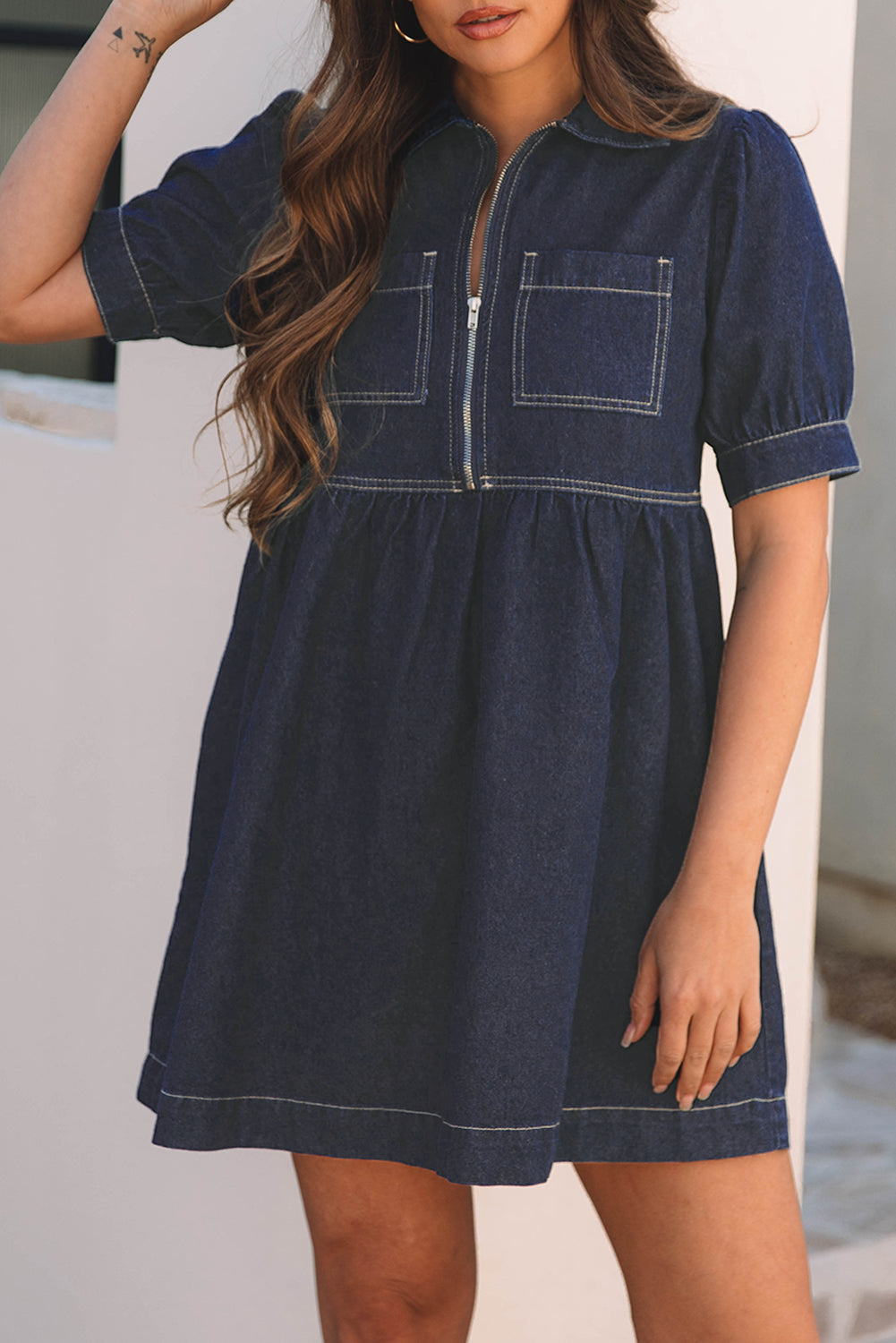 Vestido de mezclilla azul sucio, corpiño con cremallera *