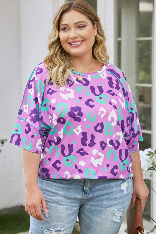 Purple Leopard Kiss Print Tun a manica corta Plus size