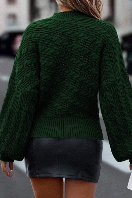 Blackish Green Lantern Sleeve Cable Knit Sweater with High Neck