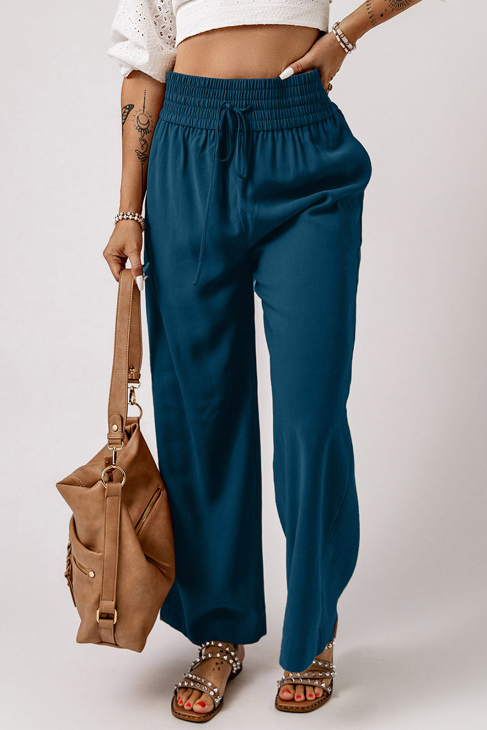 Pantalones anchos casuales con cintura elástica con cordón azul