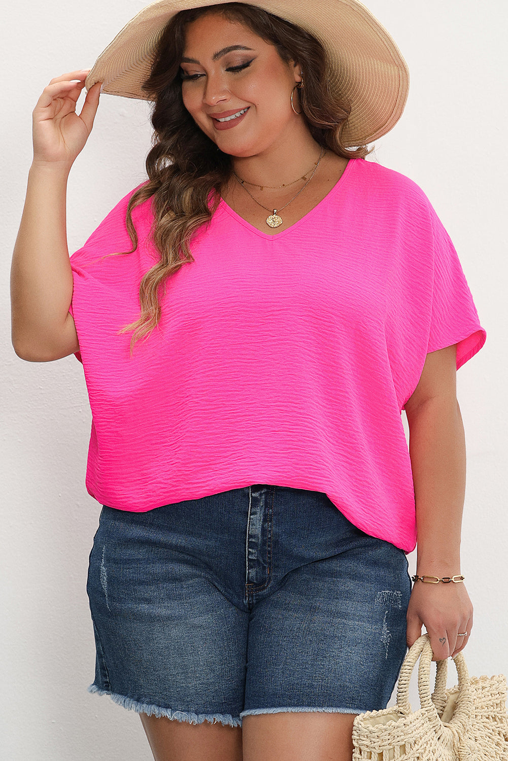 Rose rouge plus taille Crinkled V-Neck Top à manches courtes