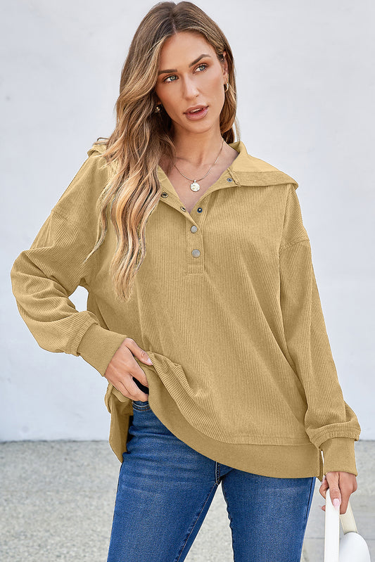 Simply Taupe Solid Cutbed Knit Botoned Drop Shoulder de gran tamaño de gran tamaño