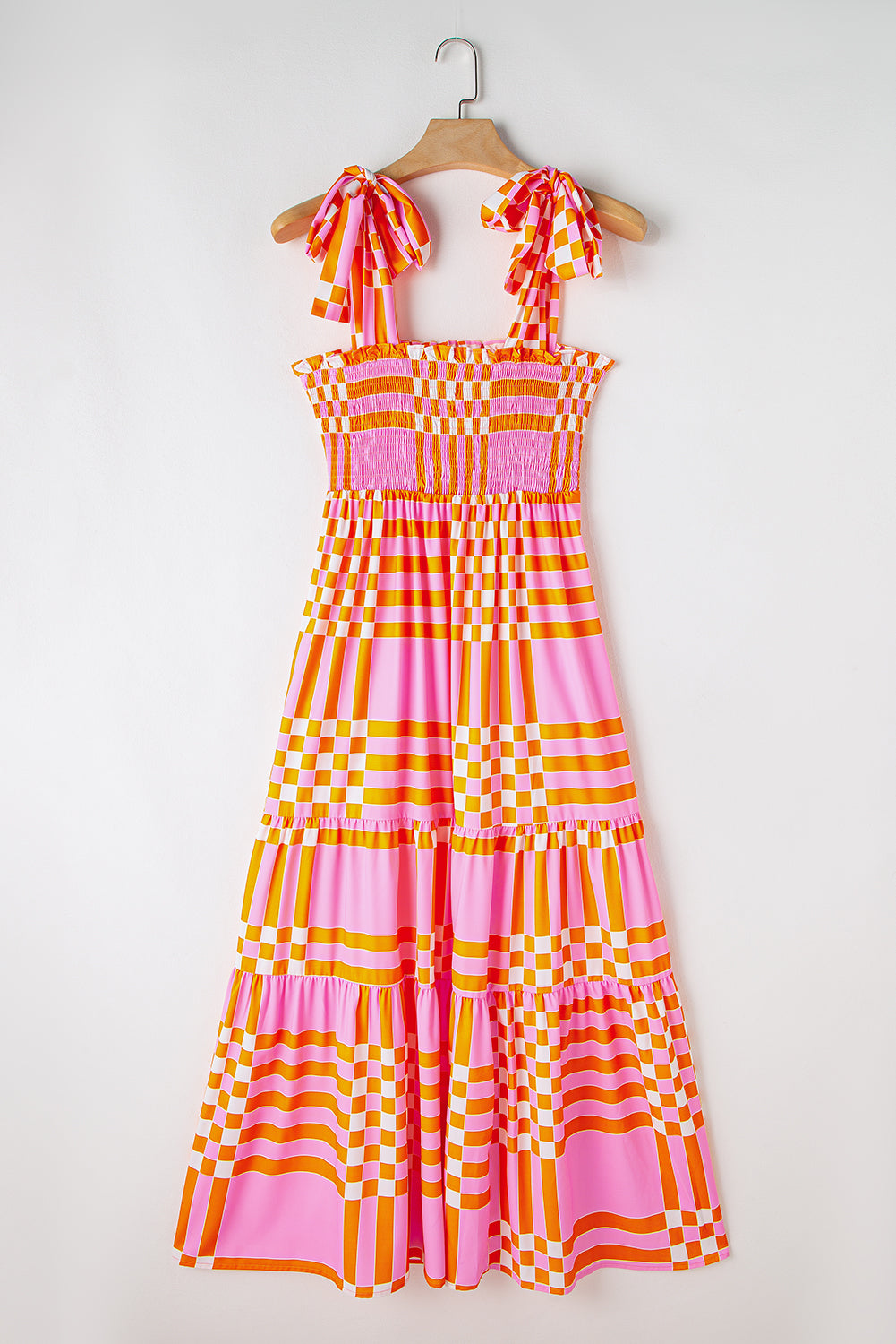 Cnocchette rosa boho gingham maxi vestito