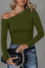 Green long sleeve knit top with asymmetrical neckline