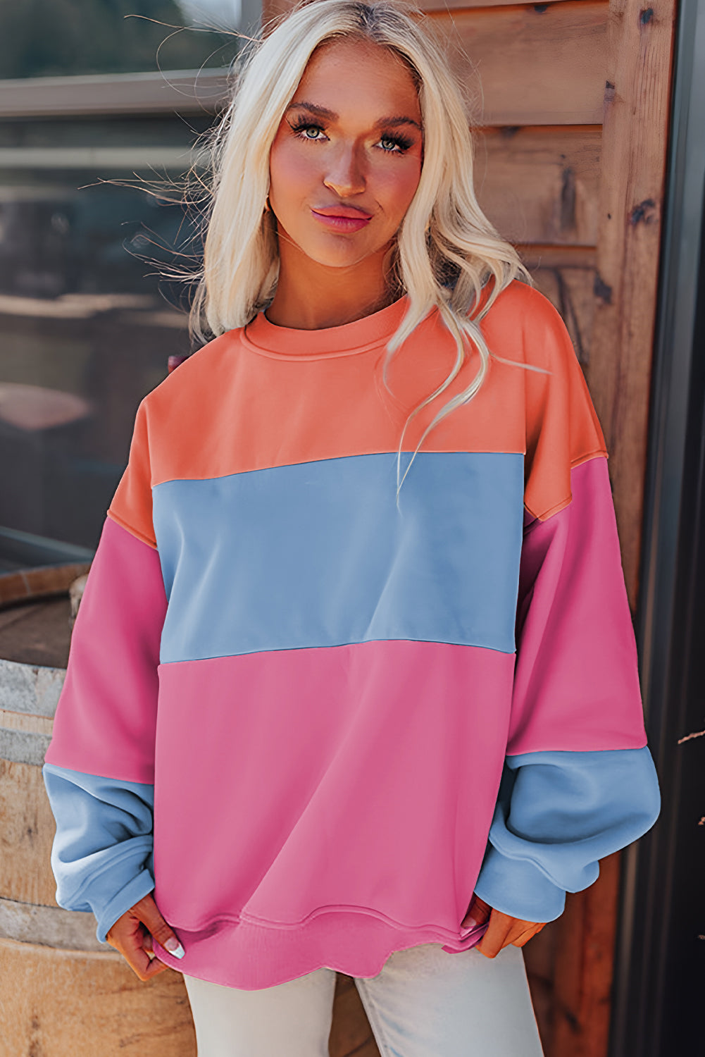 Leuchtend rosa Farbblöcke Patchwork Drop Schulter -Sweatshirt