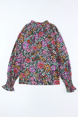 Multicolored V -collar blouse and long sleeves with ruffles and floral print