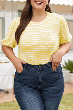 Yellow sweater with stripes and short puffy sleeves, large size