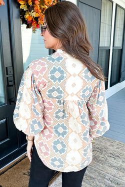 Kaki blouse with geometric print and tie *