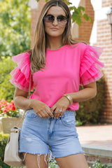 Blouse rose à manches volantées en tulle-A WOMAN WE LOVE