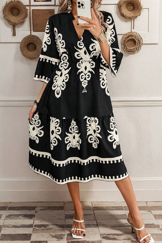 Robe midi ample noire à imprimé géométrique western à manches 3/4