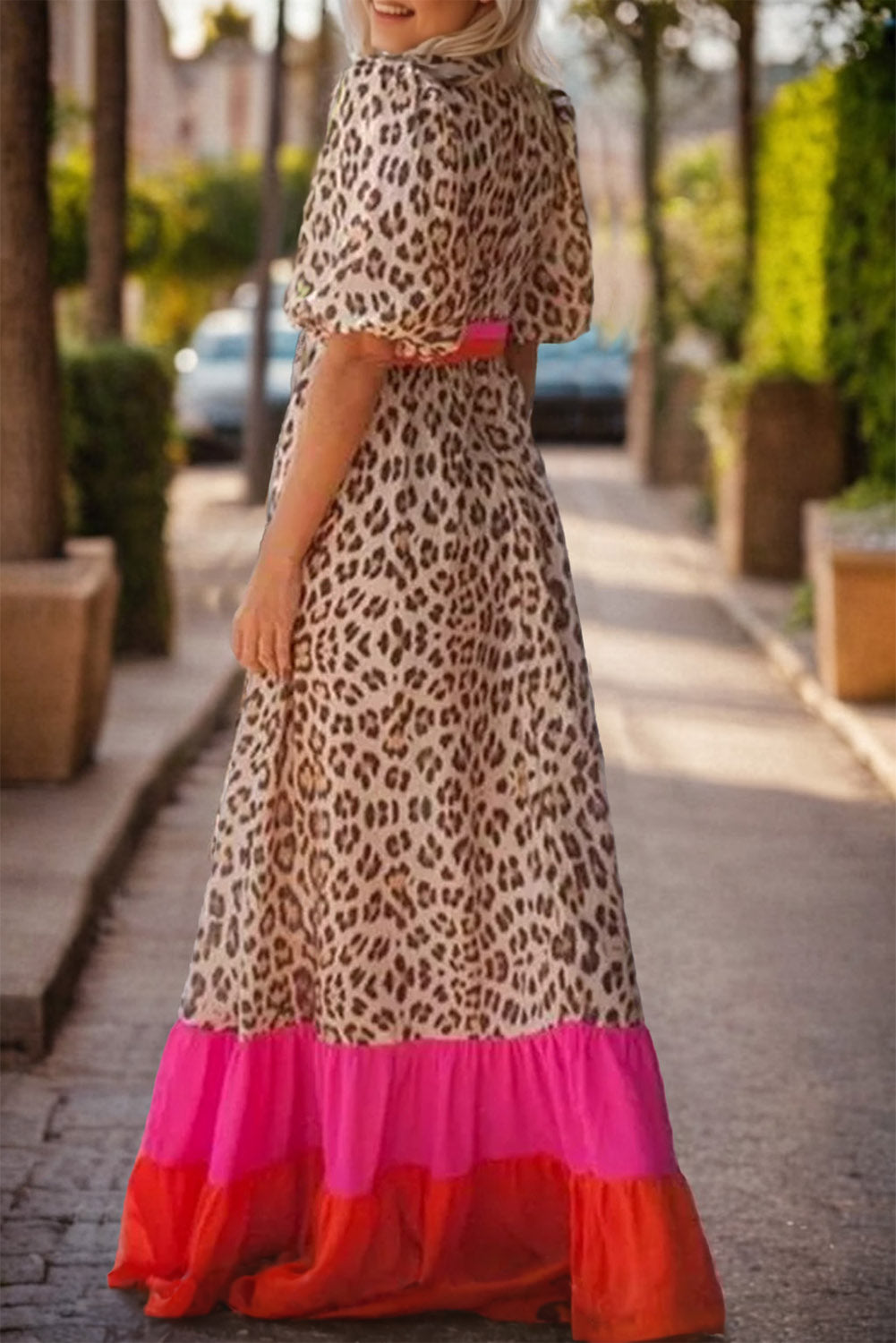 Hot pink leopard color block patchwork bubble sleeve maxi dress