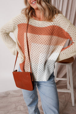 Loose fitting apricot color block pointelle knit sweater