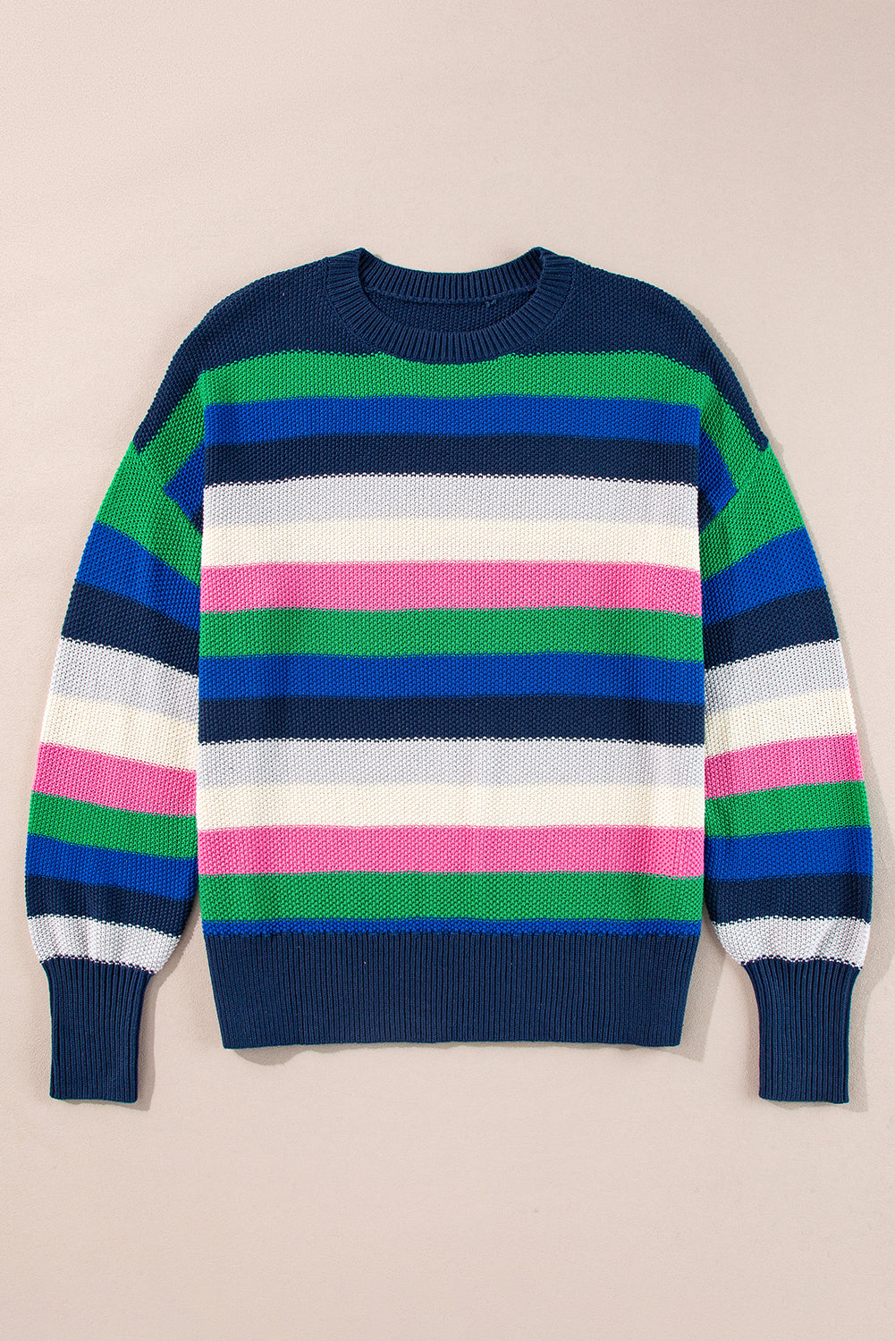 Bright green rainbow striped crew neck drop shoulder sweater