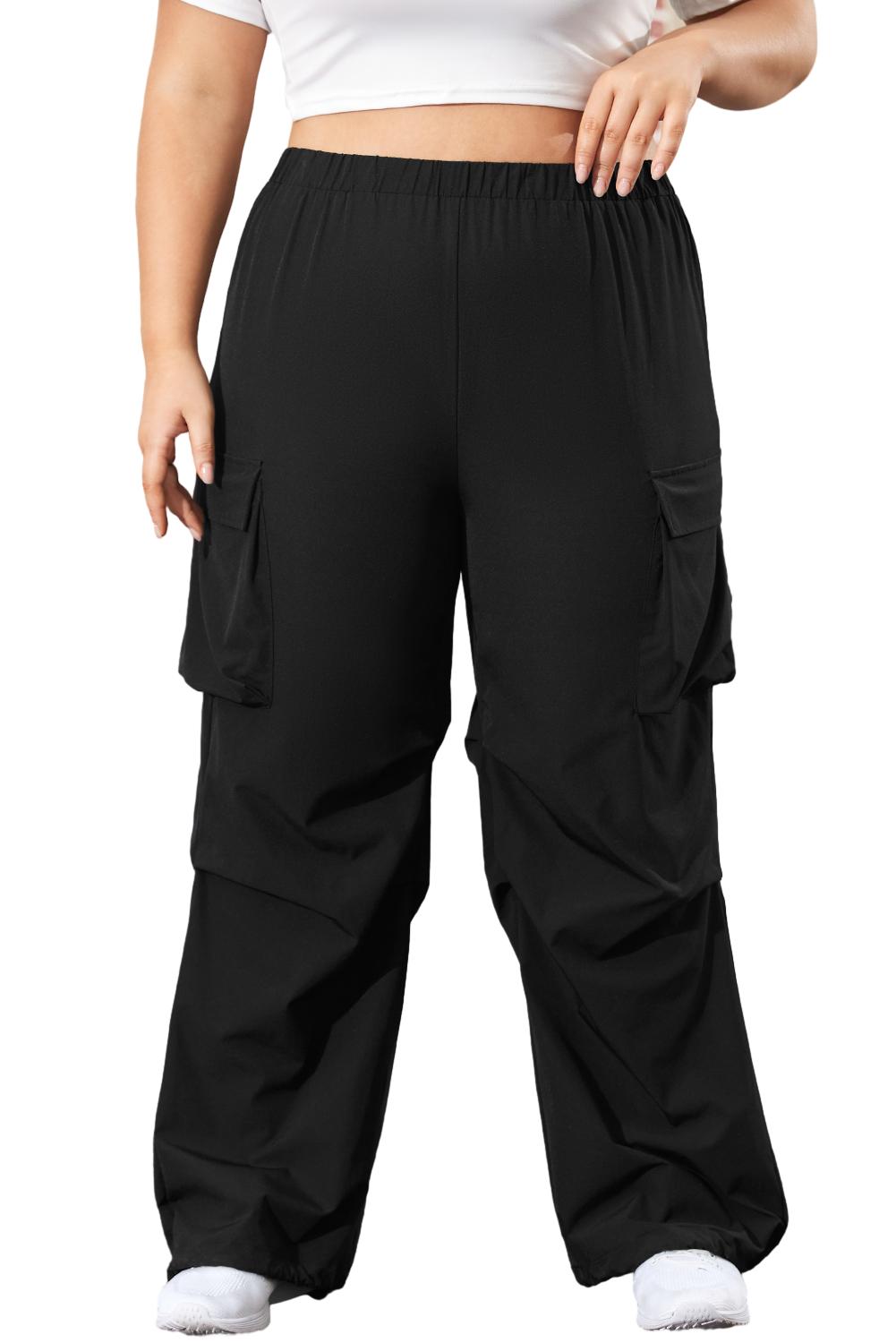 Black Plus Size Flap Pocket Elastic Waist Cargo Pants